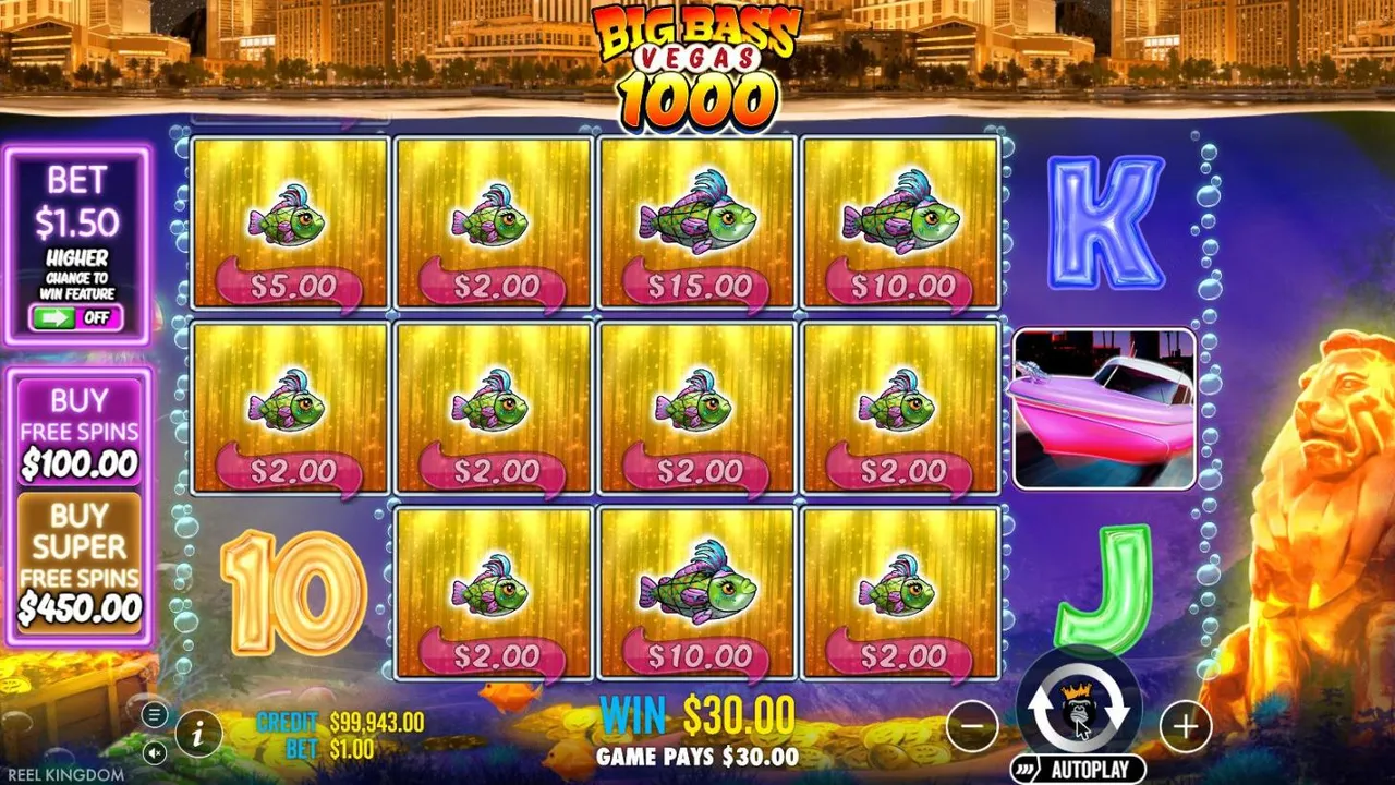 Big Bass Vegas 1000 settled board on spin 99 at a $1 bet: 11 gold-framed fish on reels 1 to 4 paying WIN $30.00