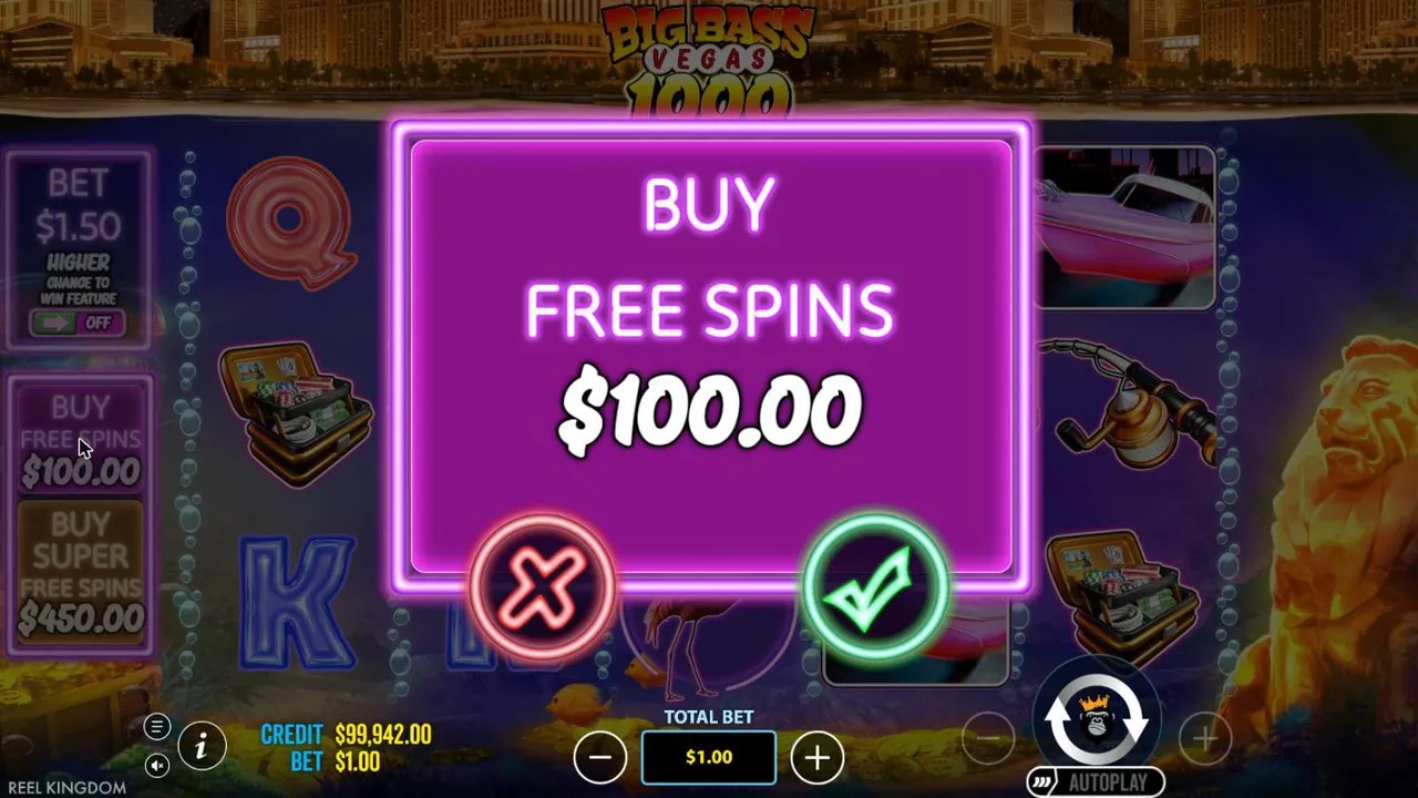 Big Bass Vegas 1000 Buy Free Spins confirmation priced $100.00 at a $1.00 total bet, with the $450 Super option on the left