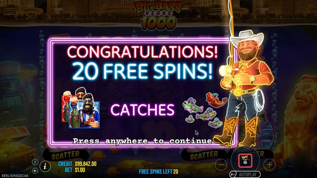 Big Bass Vegas 1000 award screen for 20 free spins: the blue and red fishermen catch the fish, beside a neon cowboy fisherman