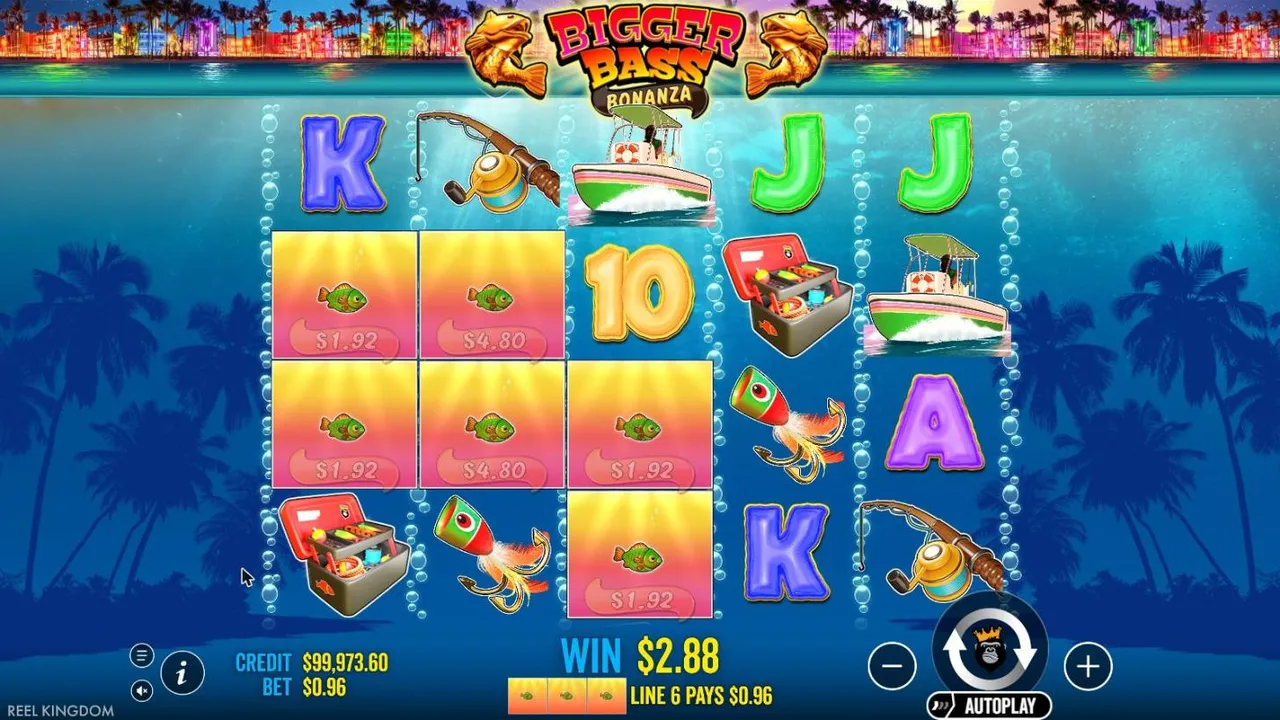 Bigger Bass Bonanza base game at a $0.96 bet: six fish worth $1.92 and $4.80 on reels 1 to 3 under water, with boats and rods, WIN $2.88