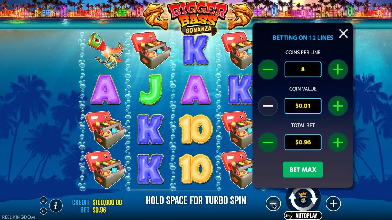 Bigger Bass Bonanza bet menu betting on 12 lines: 8 coins per line at a $0.01 coin value for a $0.96 total bet, the closest step to $1