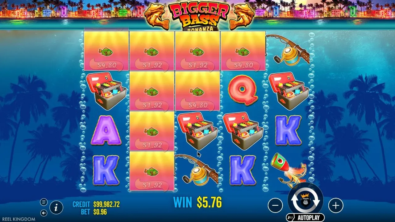 Bigger Bass Bonanza spin 100 at a $0.96 bet, settled: fish across the top row of reels 1 to 4 and down reel 2, tackle boxes, WIN $5.76