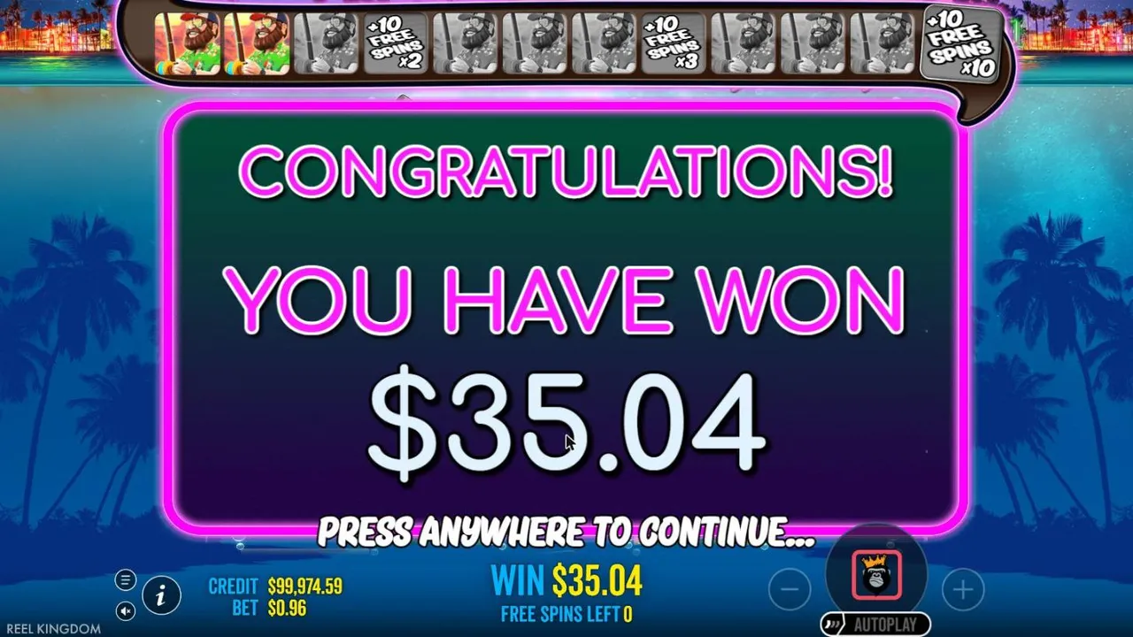 Bigger Bass Bonanza free spins result from spin 40 at a $0.96 bet: YOU HAVE WON $35.04, with two fishermen lit on the retrigger bar