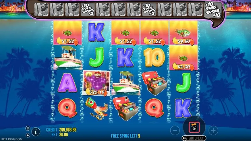 Bigger Bass Bonanza free spins with 5 left at a $0.96 bet: a fisherman wild on reel 2 collecting $20.16 from five fish on the reels