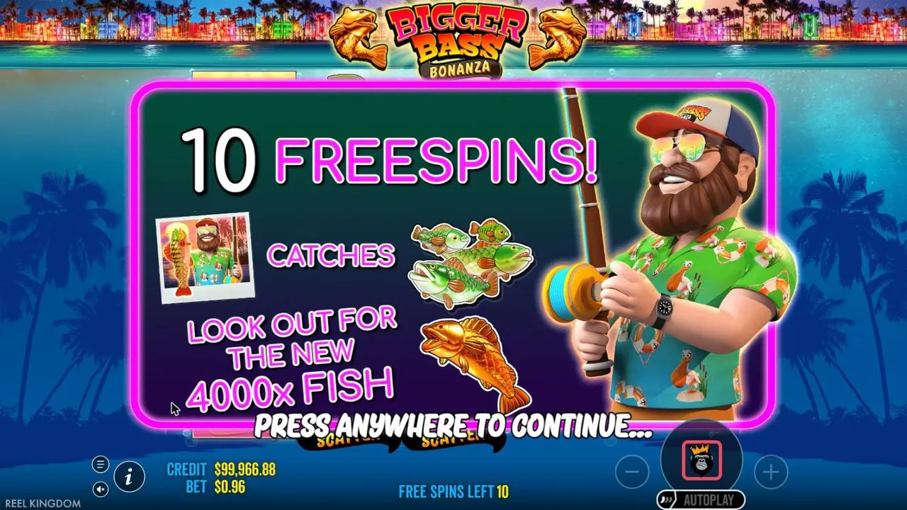 Bigger Bass Bonanza award screen for 10 free spins: the bearded fisherman with a rod, his photo wild catching fish, and a golden 4,000x fish