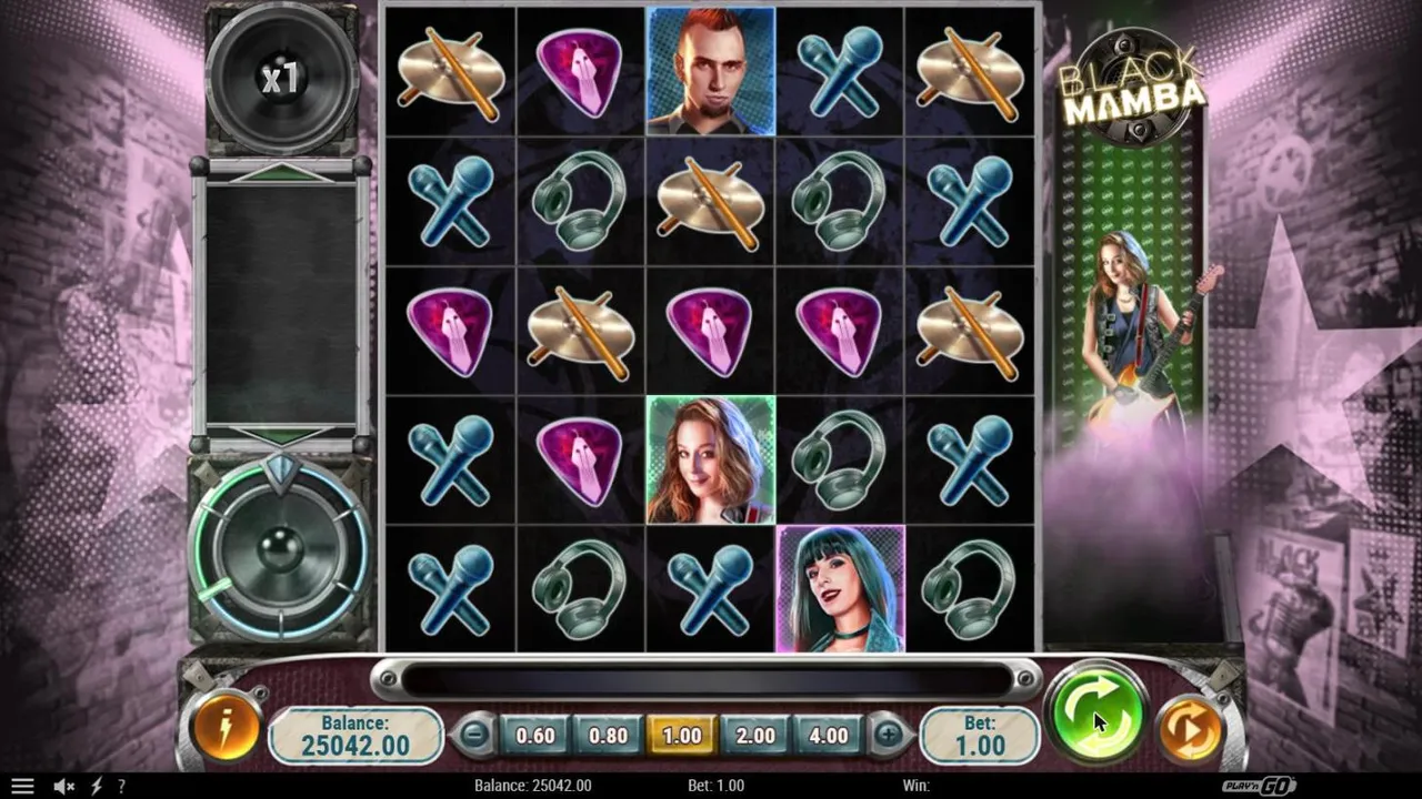 Black Mamba base spin 100 at a $1 bet, settled with no win: the 5x5 stage of band members, cymbals and microphones, x1, Alexandra
