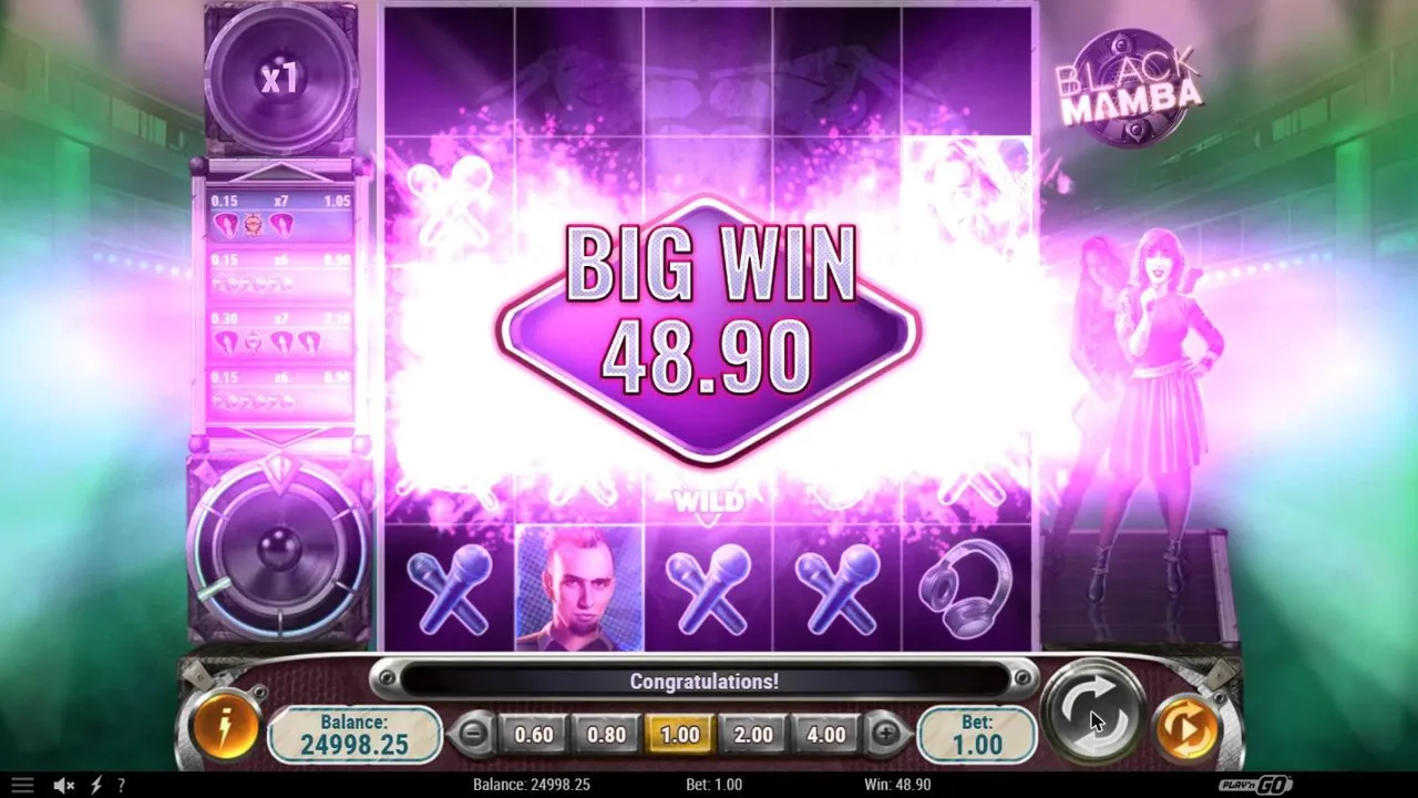 Black Mamba free spins from spin 2 at a $1 bet: BIG WIN 48.90 at its final amount over the stage, after 10 spins with Alexandra