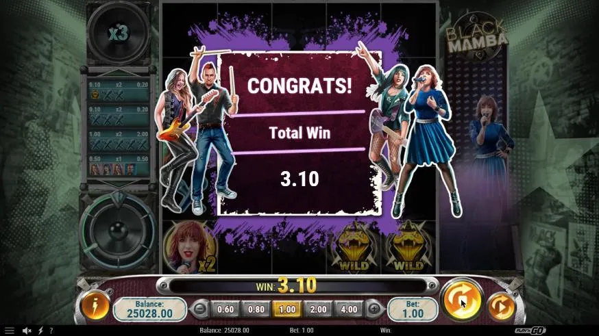 Black Mamba base spin 24 at a $1 bet: the end of a Concert with all four band members around CONGRATS and Total Win 3.10, multiplier x3