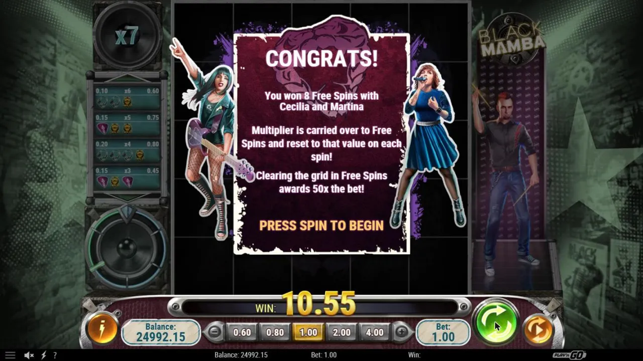 Black Mamba free spins award after spin 96 at a $1 bet: You won 8 Free Spins with Cecilia and Martina, the multiplier x7 carried over