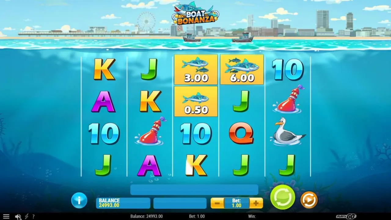 Boat Bonanza base spin 100 at a $1 bet, settled: underwater reels below a seaside pier, cash fish on reels 3 and 4, both boats grey