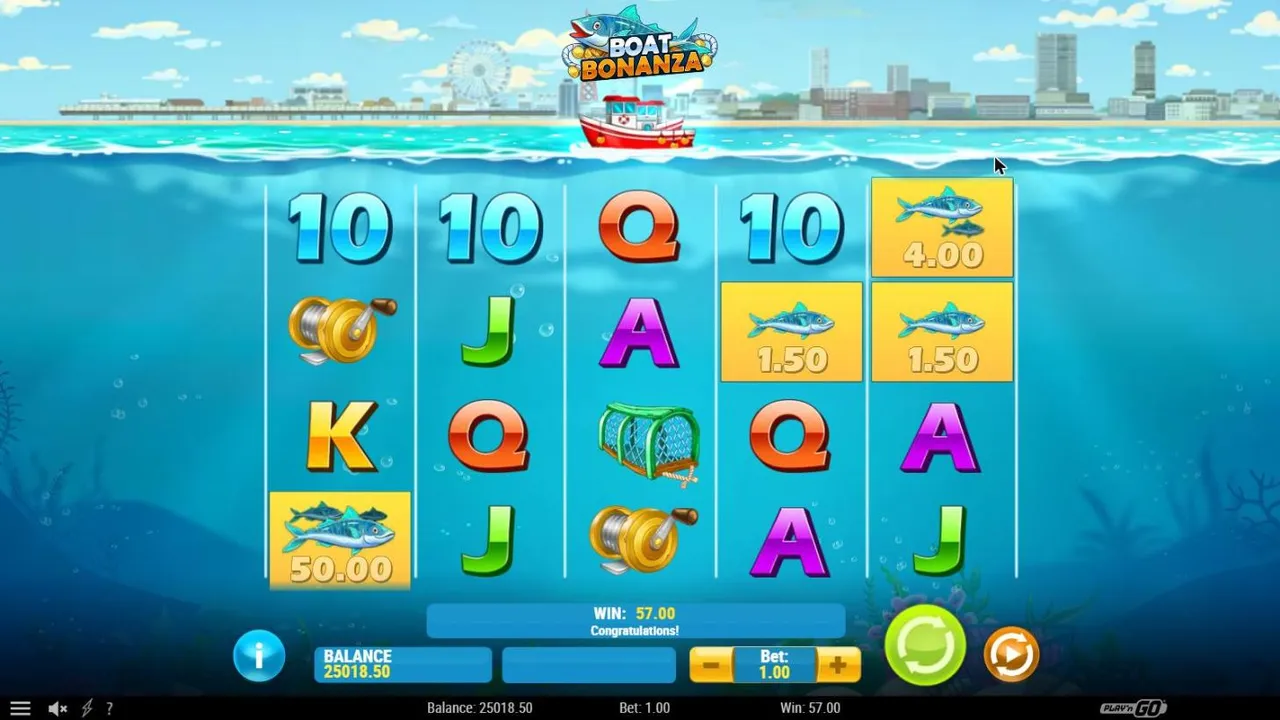Boat Bonanza spin 52 at a $1 bet, settled Mega Catch: the red boat above reel 4 and cash fish of 50.00, 4.00, 1.50, 1.50, WIN 57.00