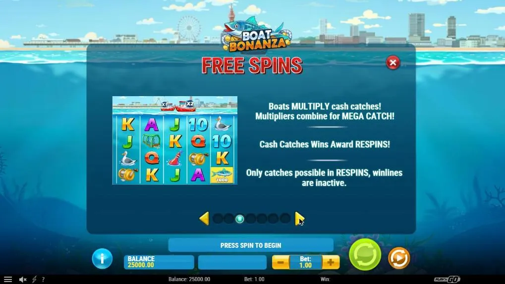 Boat Bonanza free spins paytable page: two boats marked x1 and x2 multiply cash catches, Mega Catch multipliers combine, respins