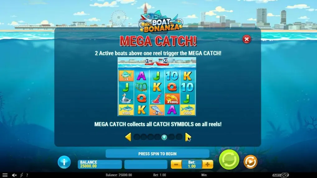 Boat Bonanza Mega Catch paytable page: two active boats above one reel and an example board where every catch symbol is collected