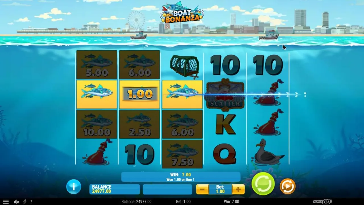 Boat Bonanza spin 36 at a $1 bet, settled: nine cash fish across reels 1 to 3 paying as line symbols, both boats grey, WIN 7.00