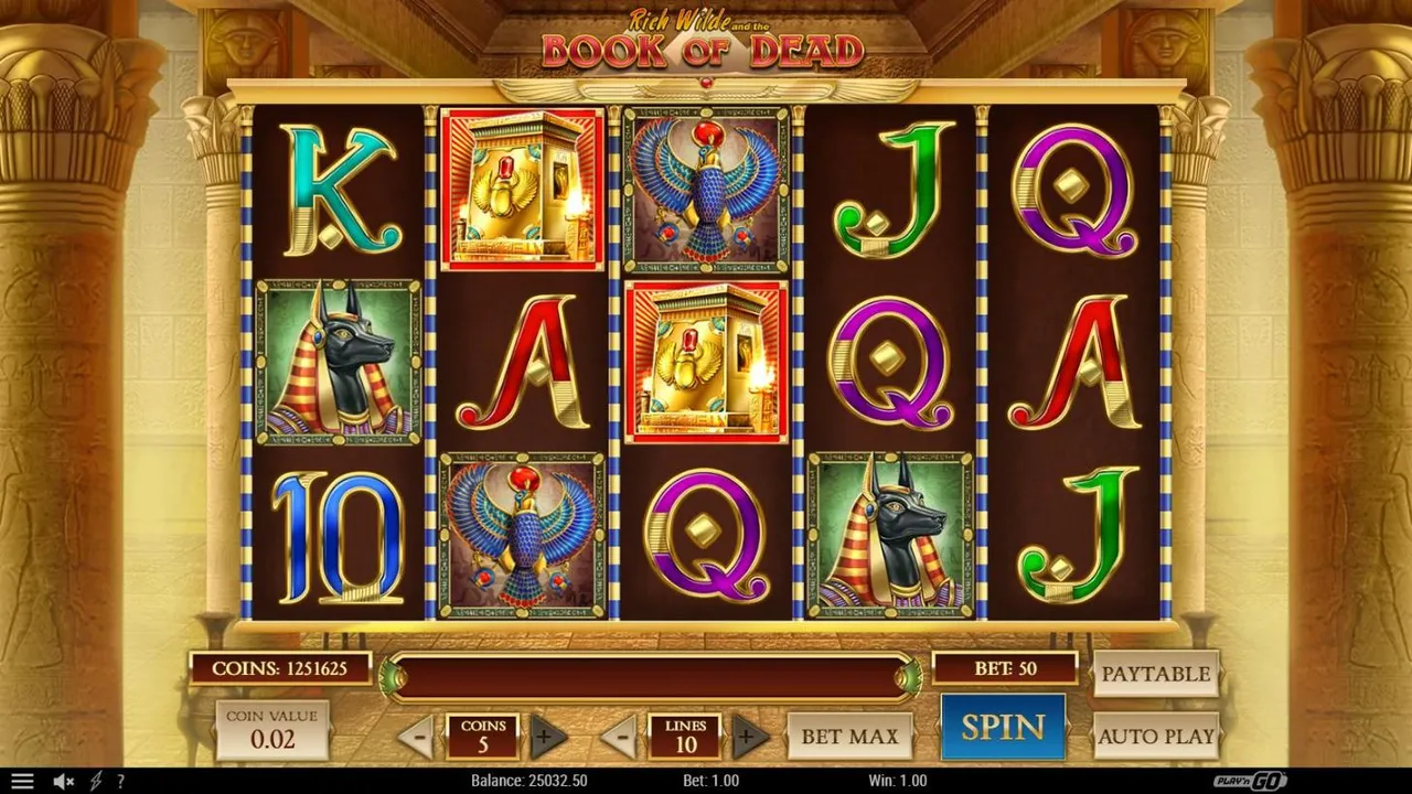 Book of Dead base game at a $1 bet: card ranks, Anubis, Horus and two Tomb scatters on 5x3 reels, bottom bar Balance 25032.50 with no currency