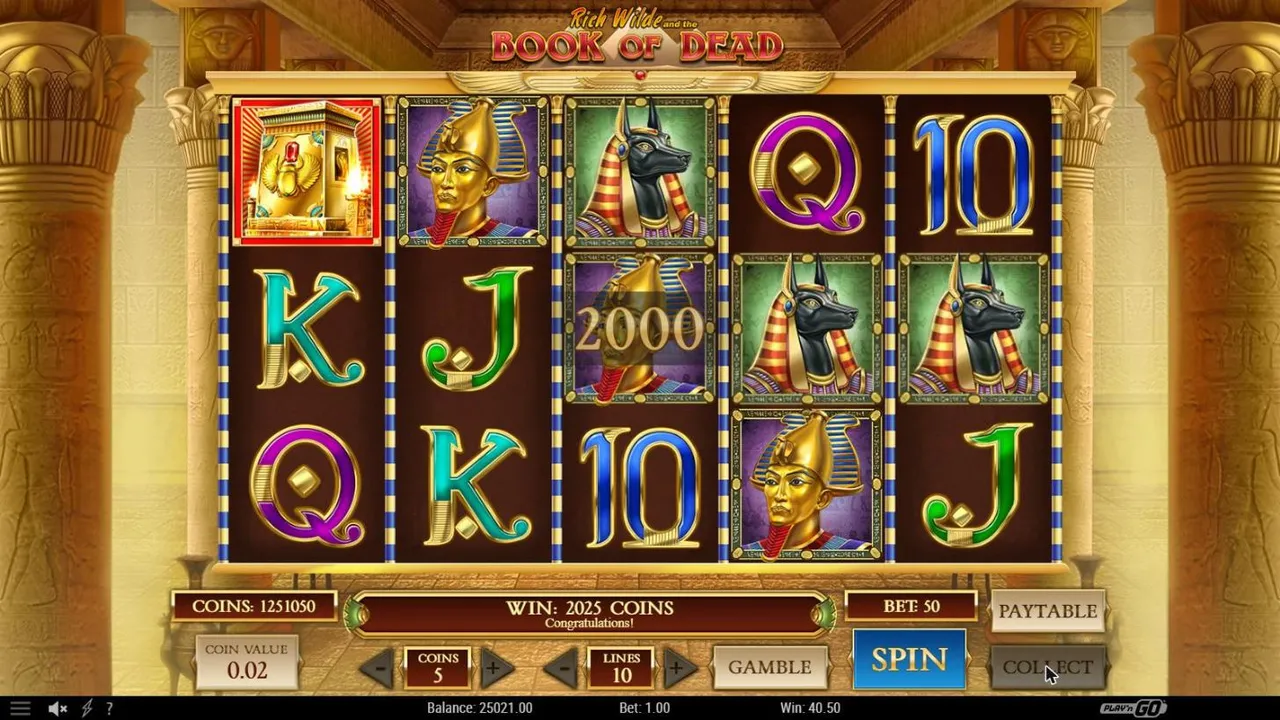 Book of Dead base spin 22 at a $1 bet, settled: a Tomb wild and three Pharaoh masks on a 2000 line, WIN: 2025 COINS, Win 40.50