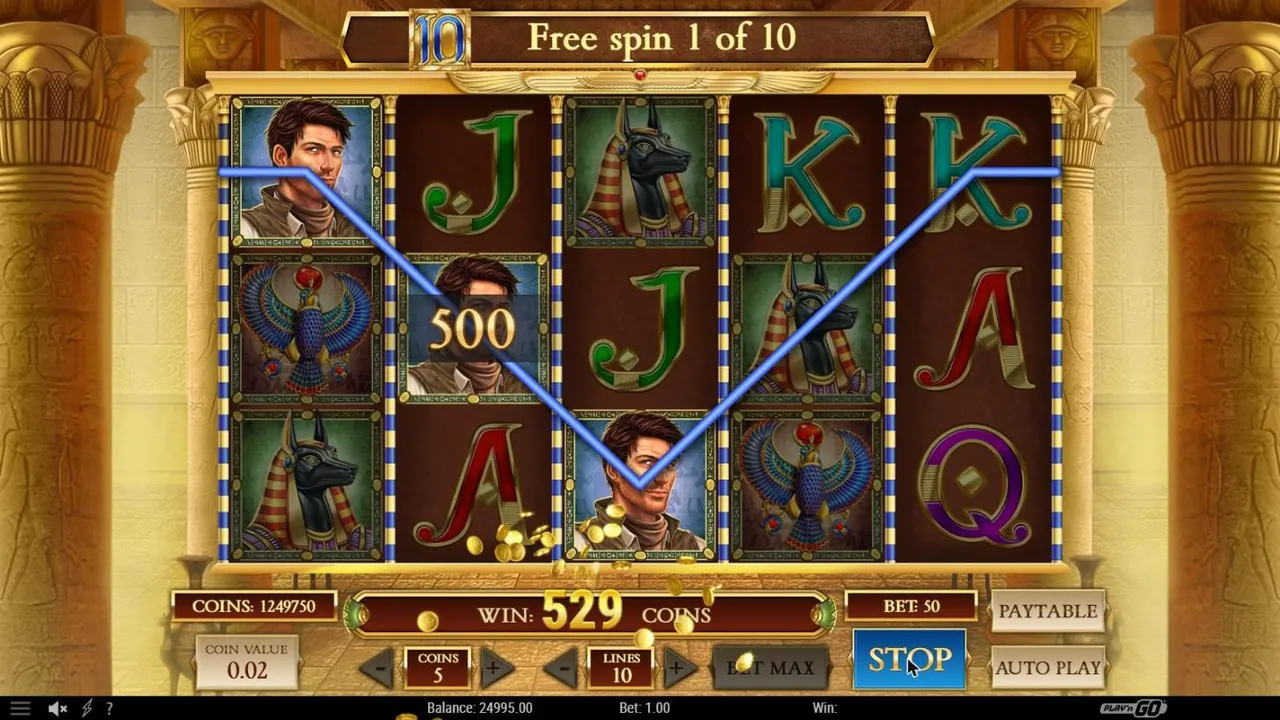 Book of Dead free spin 1 of 10 with a 10 badge beside the counter and three Rich Wilde symbols joined by one line, coins falling