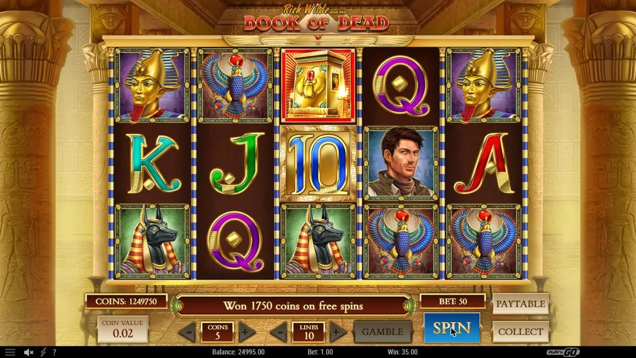 Book of Dead after the free spins from base spin 6 at a $1 bet: Won 1750 coins on free spins, Win 35.00, GAMBLE and COLLECT buttons