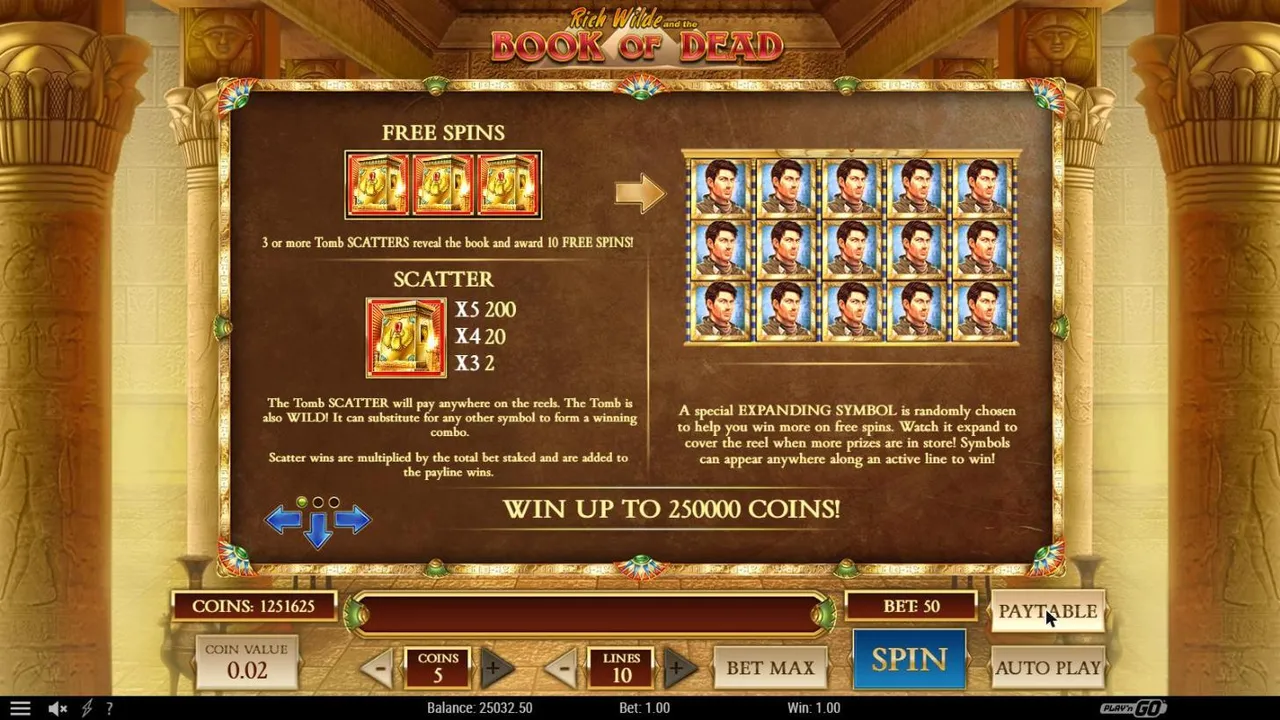 Book of Dead paytable page 1: three Tombs for 10 free spins, Tomb scatter pays, a full screen of Rich Wilde and WIN UP TO 250000 COINS