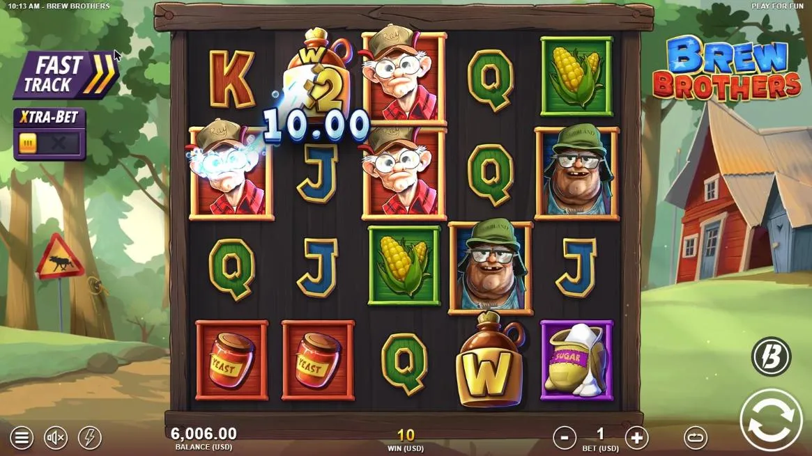 Brew Brothers base spin 4 at a $1 bet, settled: three red-capped brothers and a x2 Wild jug with a 10.00 line label, WIN 10, balance 6,006.00