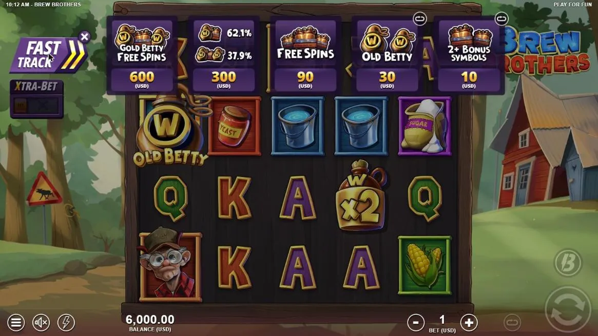Brew Brothers Fast Track menu at a $1 bet: Gold Betty Free Spins 600, the 62.1% and 37.9% option 300, Free Spins 90, Old Betty 30, 2+ Bonus 10