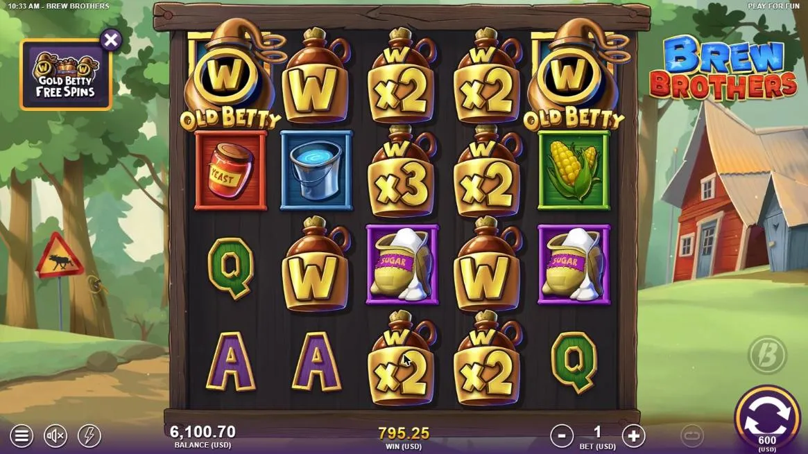 Brew Brothers board after our $600 2 Gold Betty buy: x2 and x3 Wild jugs on reels 2 to 4, Old Betty on reels 1 and 5, WIN 795.25
