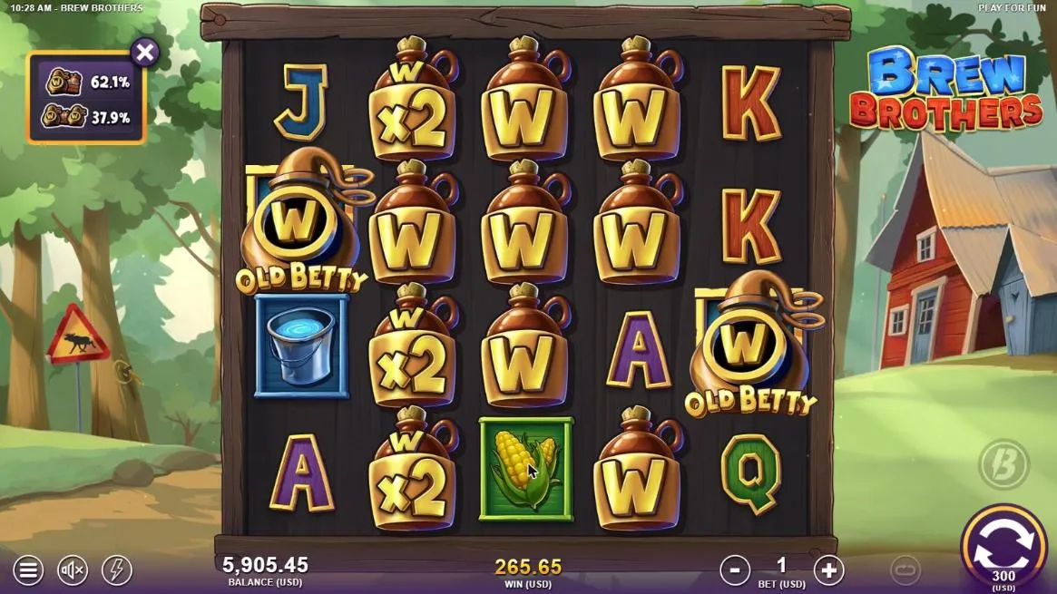Brew Brothers board after our $300 Random Gold Betty buy: W and x2 Wild jugs on reels 2 to 4, Old Betty on reels 1 and 5, WIN 265.65