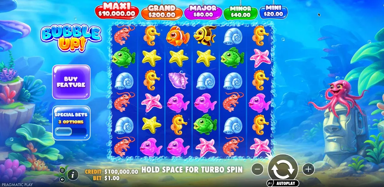 Bubble Up! slot base game at a $1 bet: a 6x6 reef grid of fish, shells and starfish under five jackpot bubbles from Mini to Maxi