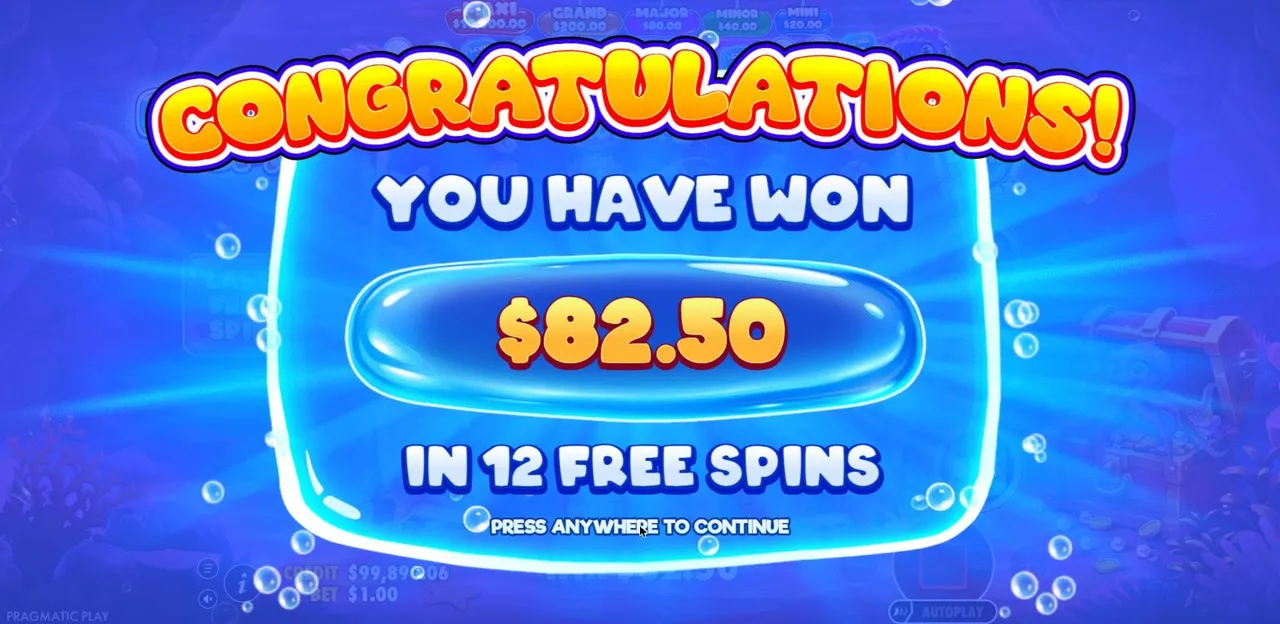 Bubble Up! result screen: You have won $82.50 in 12 free spins after the $100 buy