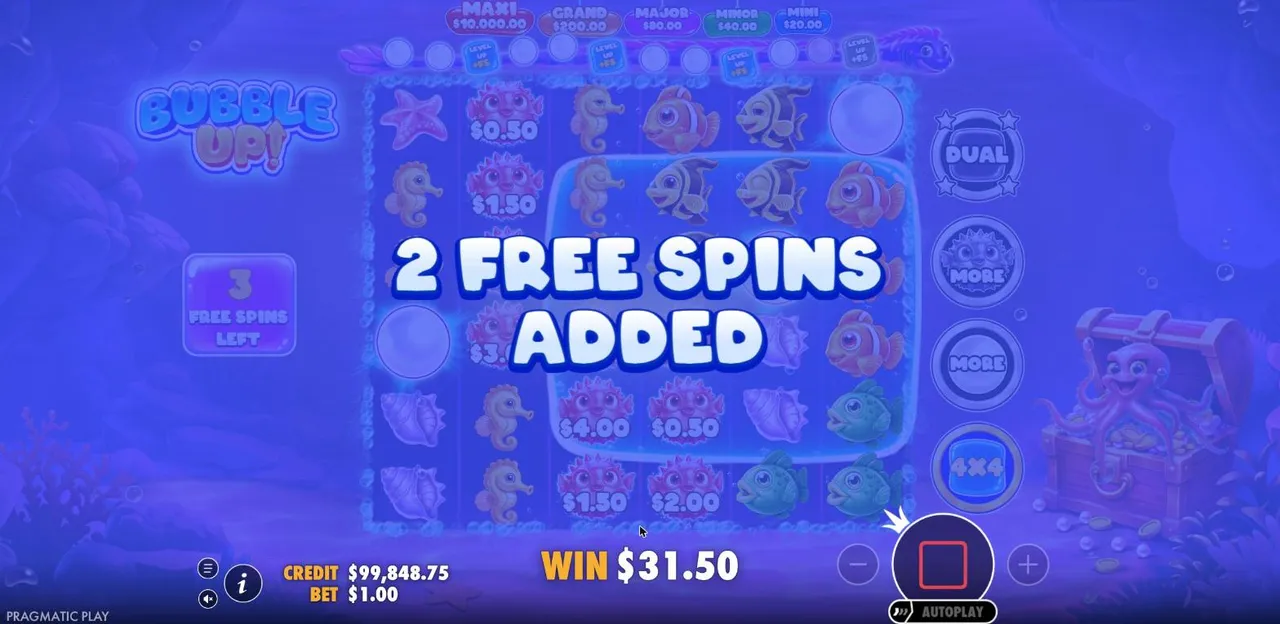 Bubble Up! free spins from our $100 buy: the bubble frame grows to 4x4 and two more free spins are added