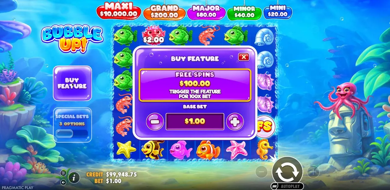The Bubble Up! Buy Feature menu at a $1 base bet, offering free spins with at least three scatters for $100