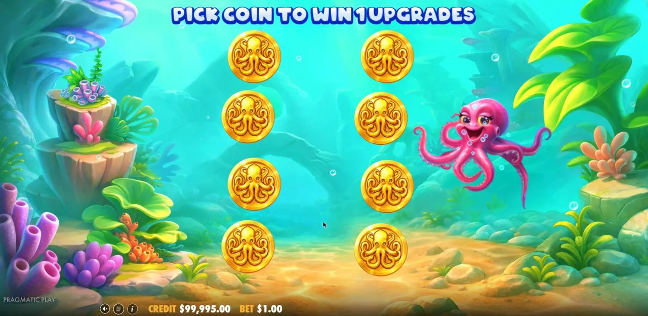 The Bubble Up! upgrade pick: eight gold octopus coins on the sea floor, picked until two matching upgrades are found