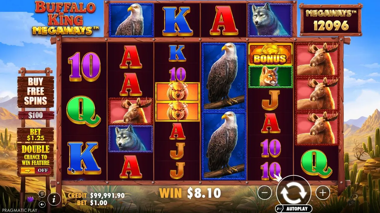 Buffalo King Megaways base game at a $1 bet: eagles, buffaloes and moose on six reels under a top row, MEGAWAYS 12096 and the ante switch OFF