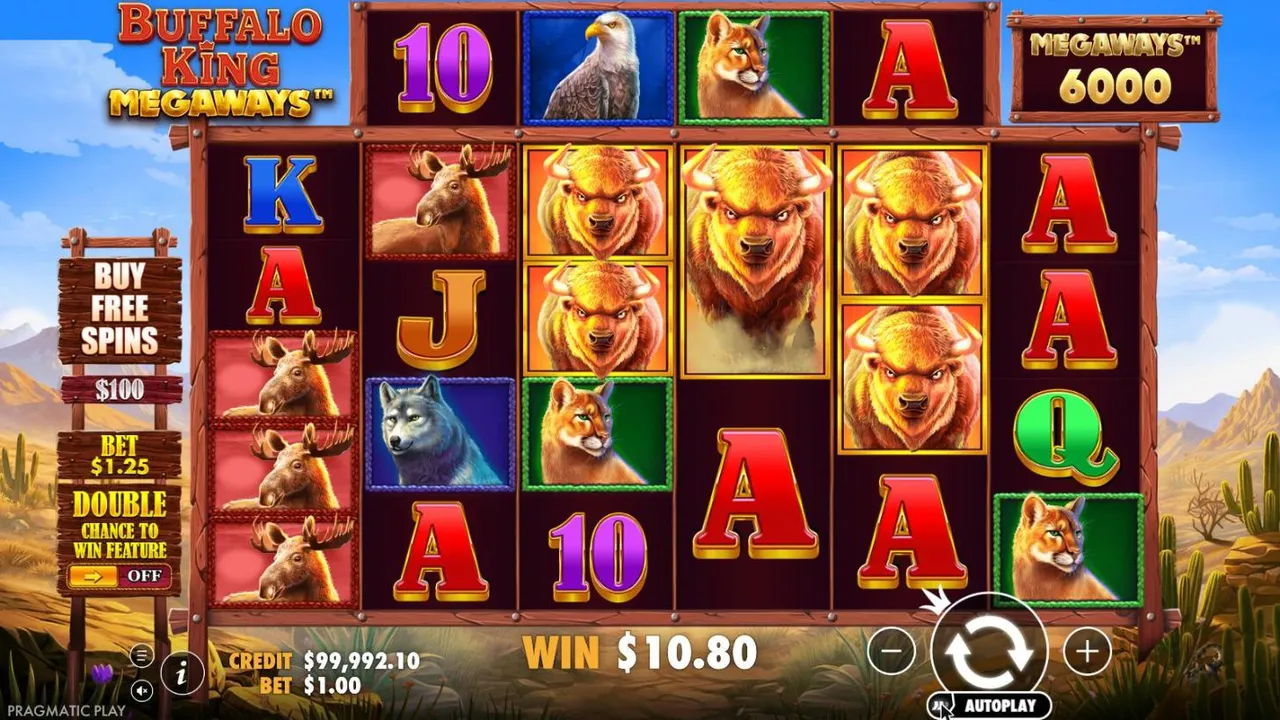 Buffalo King Megaways spin 34 at a $1 bet after its tumbles: buffaloes on reels 3 to 5 and moose on reels 1 and 2, MEGAWAYS 6000, WIN $10.80