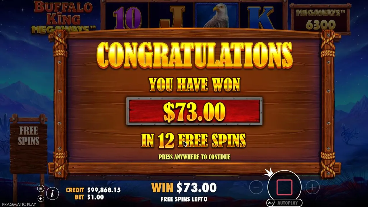Buffalo King Megaways result screen after our $100 buy at a $1 bet: YOU HAVE WON $73.00 IN 12 FREE SPINS, WIN $73.00