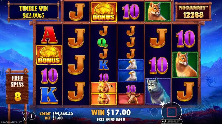 Buffalo King Megaways free spins at night with 8 left: the tumble panel at the top left reads TUMBLE WIN $12.00x5 above J and 10 symbols