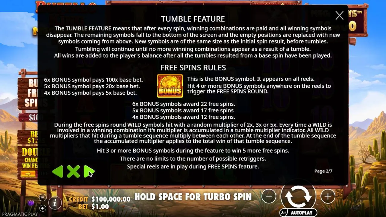 Buffalo King Megaways rules page 2: the tumble feature, 4 to 6 BONUS coins for 12 to 22 free spins, and wild multipliers that multiply