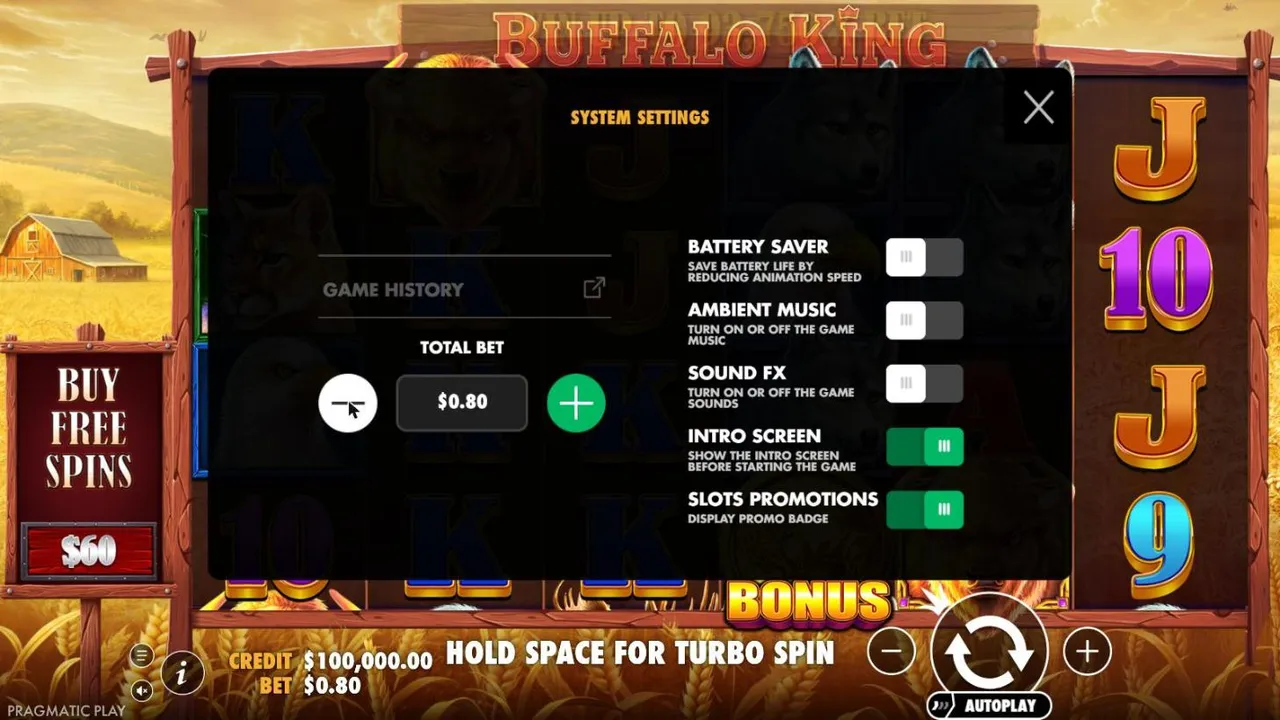 Buffalo King settings menu with TOTAL BET $0.80 after three presses of the minus button, and BUY FREE SPINS at $60 on the left