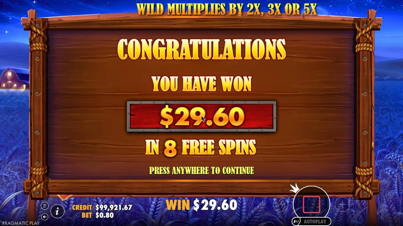 Buffalo King result screen at night after our $60 buy at a $0.80 bet: YOU HAVE WON $29.60 IN 8 FREE SPINS