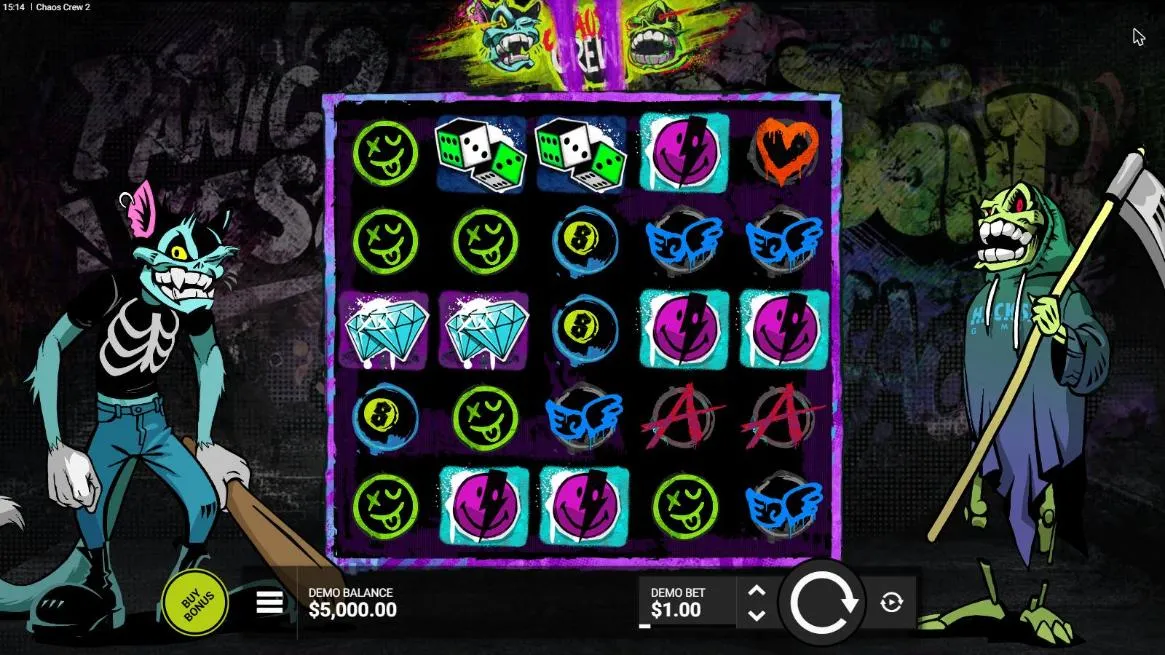 Chaos Crew 2 base game at a $1 bet: a 5x5 grid of graffiti smileys, dice, diamonds and hearts between Cranky Cat and Sketchy Skull