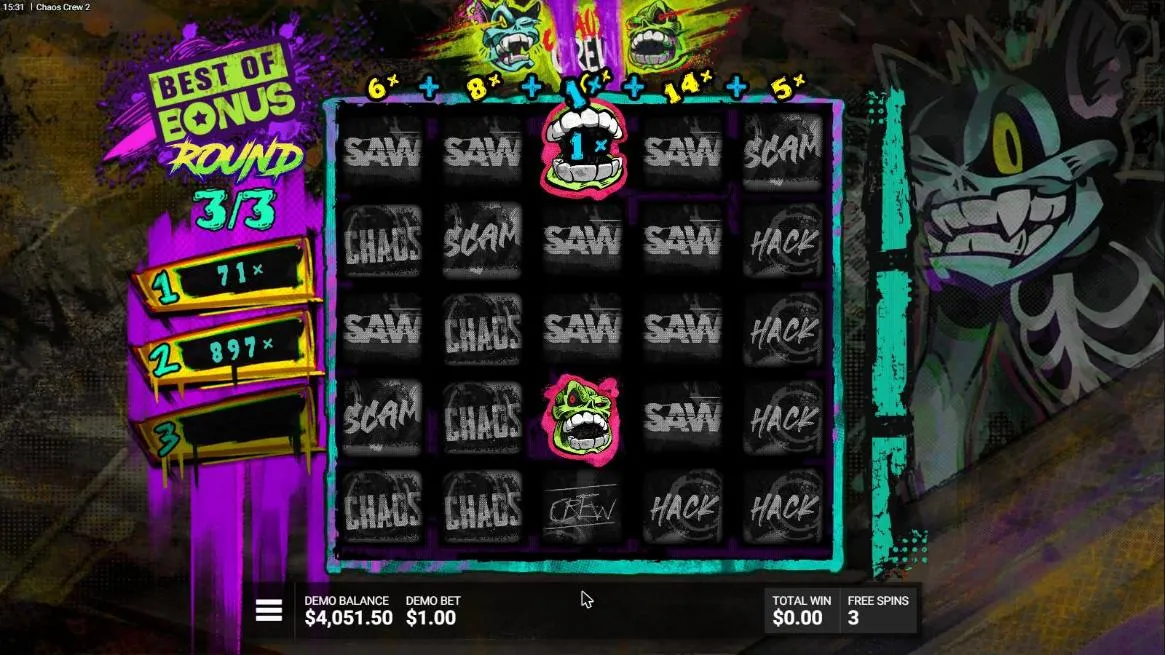 Chaos Crew 2 Best of Super Bonus round 3 of 3: the scoreboard beside the grid holding 71x and 897x, with new reel multipliers above the reels