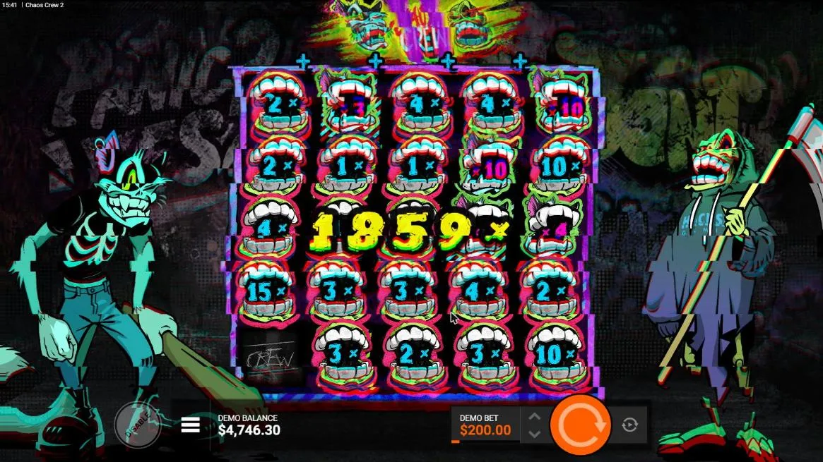 Chaos Crew 2 Epic Drop FeatureSpins spin 3 at a $200 demo bet: Sketchy Skull and Cranky Cat multipliers across the grid, 1859x on the board