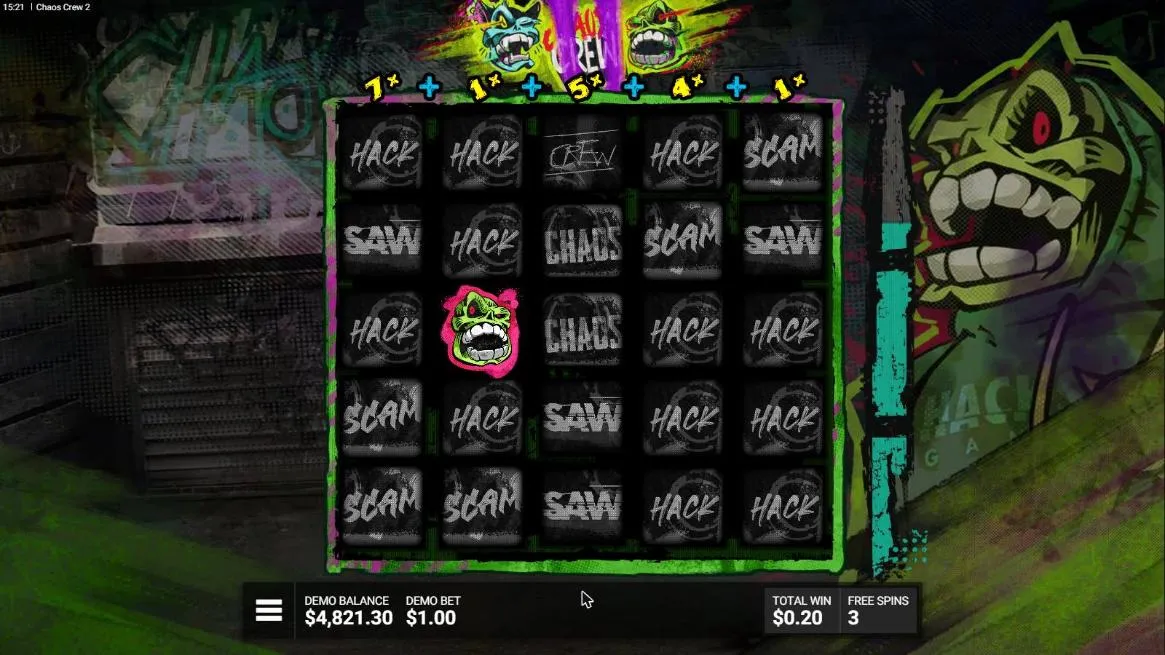 Chaos Crew 2 Bonus at a $1 bet: grey HACK, SAW and SCAM tiles, a Sketchy Skull on reel 2 and reel multipliers of 7x, 1x, 5x, 4x and 1x