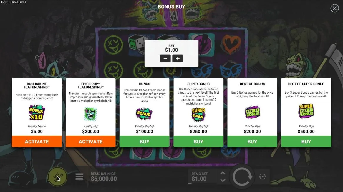 Chaos Crew 2 buy menu at a $1 bet: two FeatureSpins modes at $5 and $200 and four buys from the $100 Bonus to the $500 Best of Super Bonus