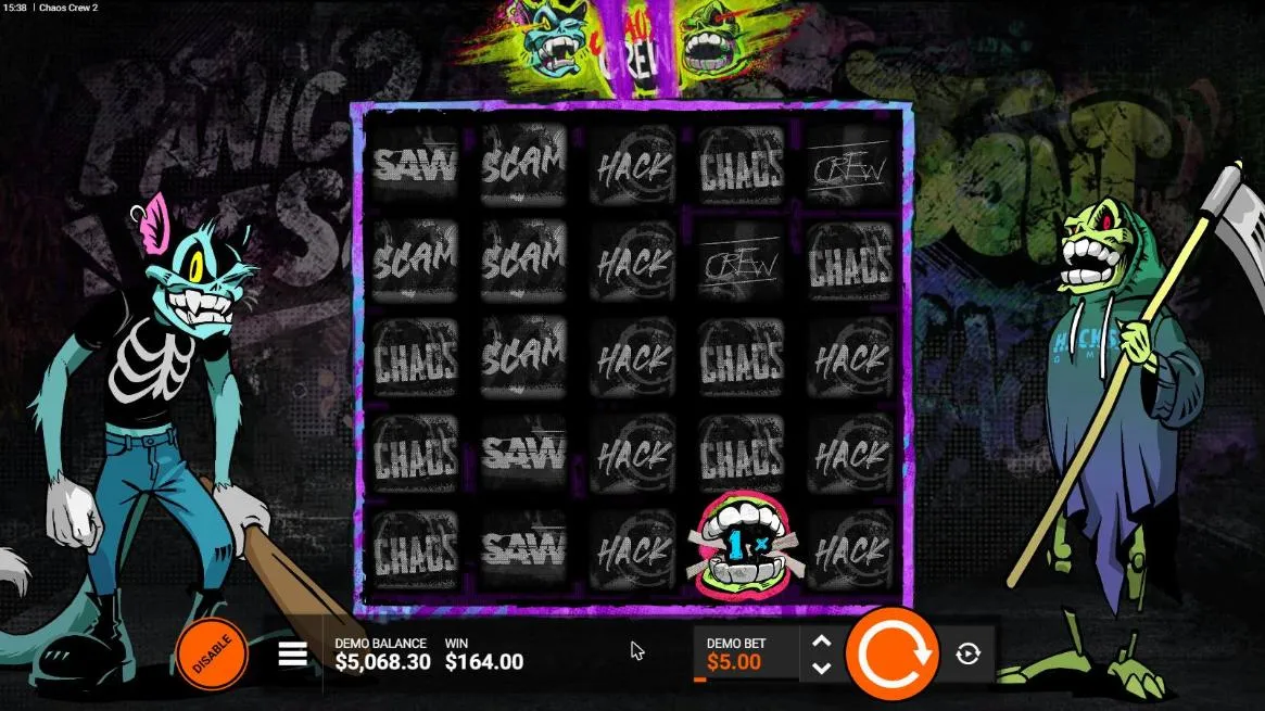 Chaos Crew 2 board after BonusHunt FeatureSpins spin 9 at a $5 demo bet, settled: the grey Bonus grid, WIN $164.00, balance $5,068.30