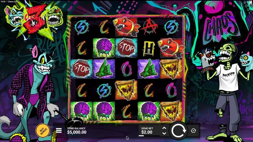 Chaos Crew 3 base game at the opening $2.00 bet: a 5x5 grid of graffiti letters, brains and rocket-sharks, Cranky Cat and Sketchy Skull