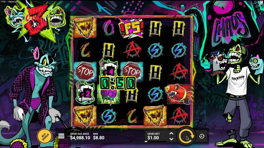 Chaos Crew 3 base spin 33 at a $1 bet, settled: Cranky Cat wild multipliers of x2 and x4 on reels 1 and 2 in three line wins, WIN $8.80