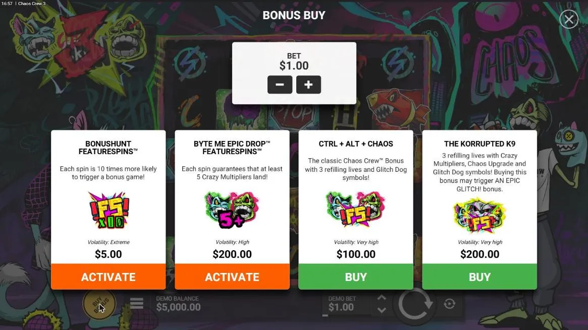Chaos Crew 3 buy menu at a $1 bet: BonusHunt $5, Byte Me Epic Drop $200, CTRL + ALT + CHAOS $100 and The Korrupted K9 $200