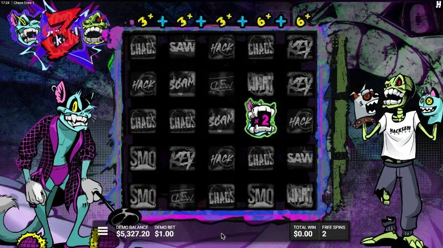 Chaos Crew 3 CTRL + ALT + CHAOS from our $100 buy: a x2 Cranky Cat on dead tiles, Reel Multipliers 3x to 6x above, TOTAL WIN $0.00