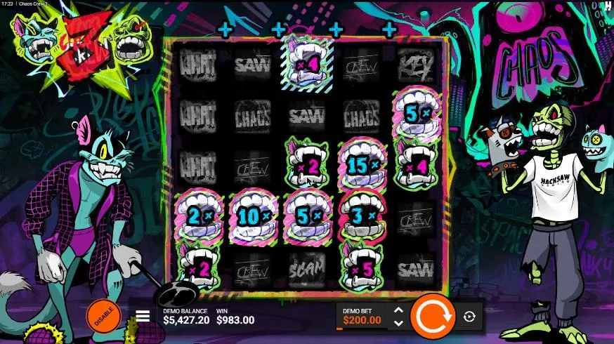 Chaos Crew 3 Byte Me Epic Drop spin 10 at a $200 bet, settled: eleven Crazy Multipliers from x2 to 15x on dead tiles, WIN $983.00